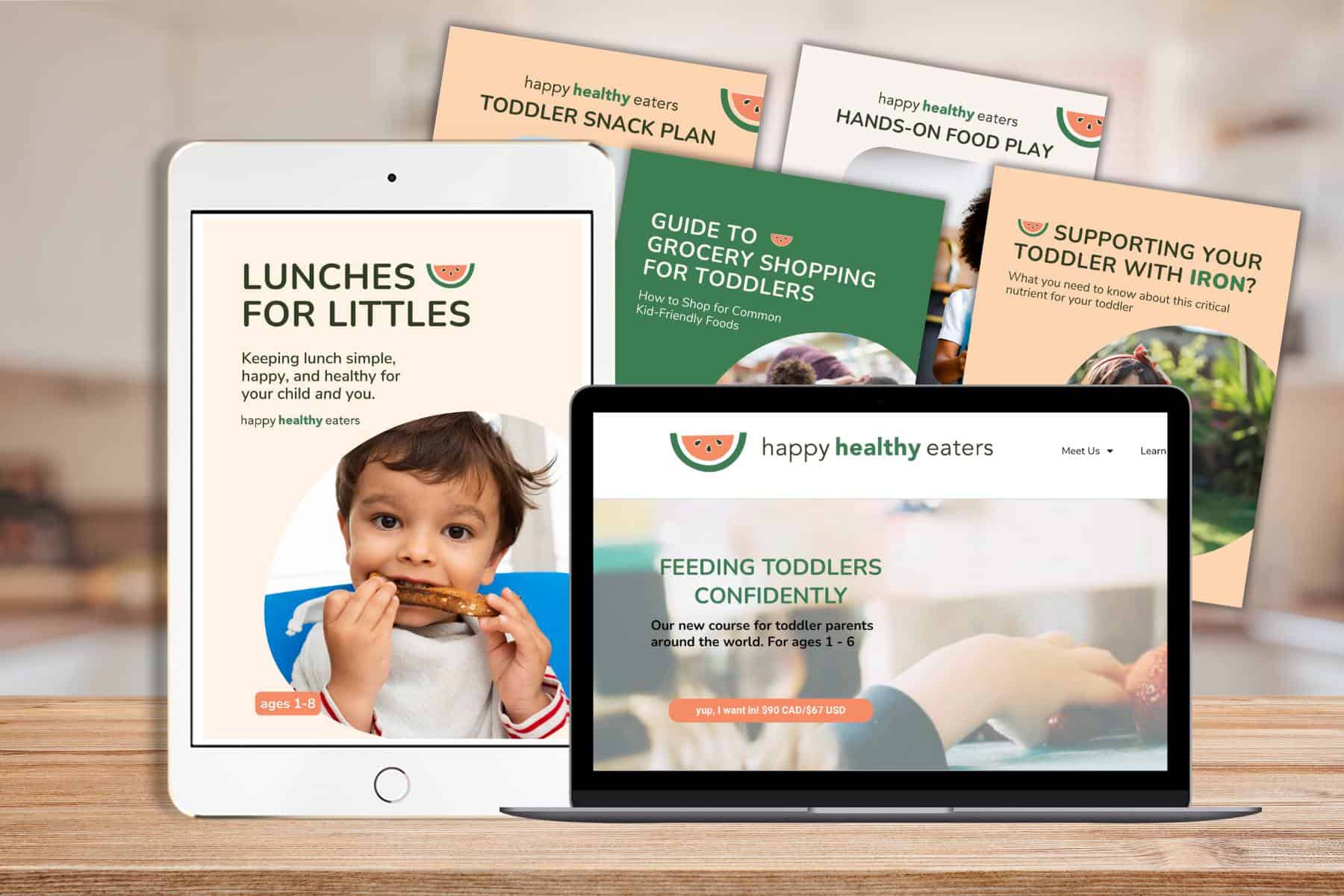 A mockup of Feeding Toddlers Conidently ecourse and some of its bonuses.